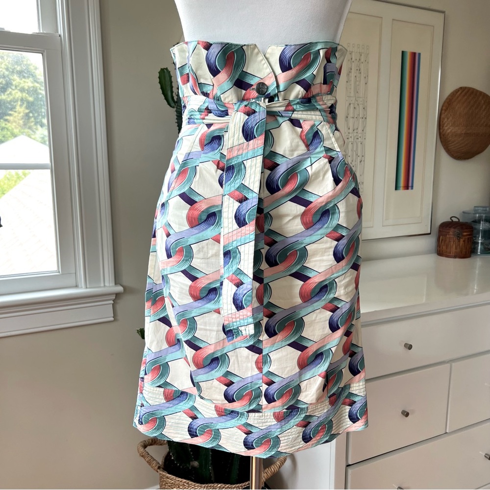 VTG Nicole Miller Studio Tulip Paperbag Midi Skirt High Waist Patterned Belted